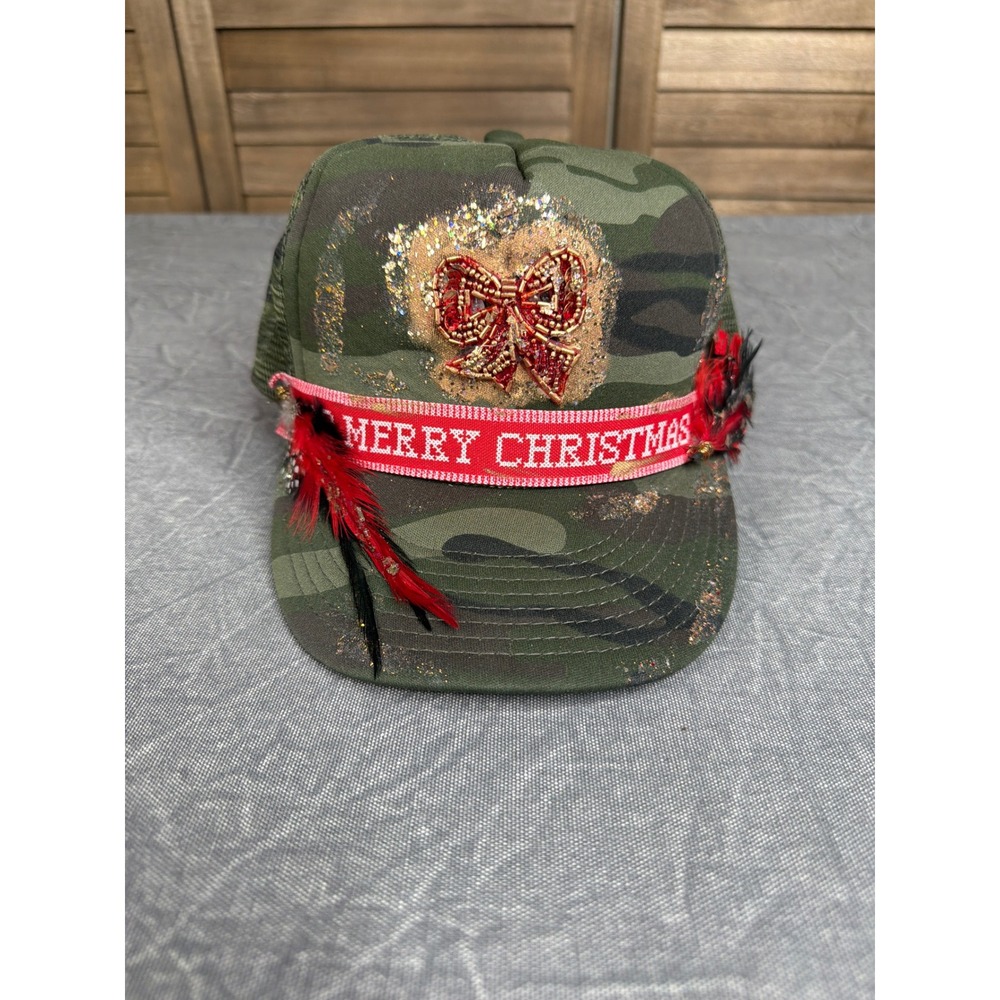Judith March Trucker Hat Womens OSFM Camo Merry Christmas Beaded Bow Feathers